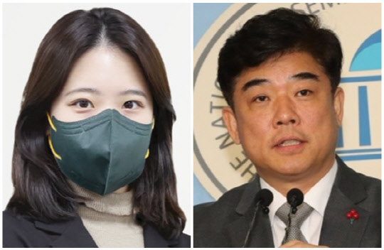 박지현(왼쪽) 더불어민주당 공동비상대책위원장과 김병욱 민주당 의원. <연합뉴스>